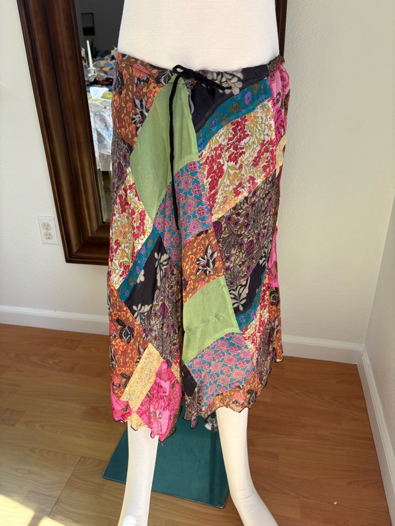 Patchwork Floral Boho Maxi Wrap Skirt - Multicolor 100% Silk